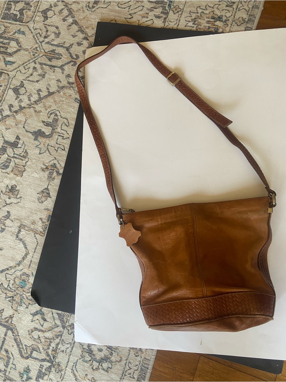 Source Unknown Brown Leather Crossbody Bag with Woven Trim